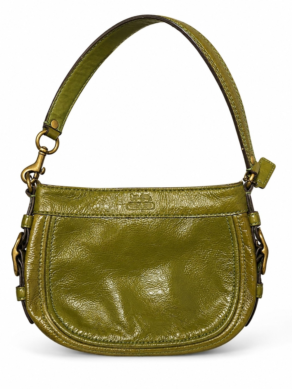Coach Olive Green Leather Shoulder Bag with Brass Hardware
